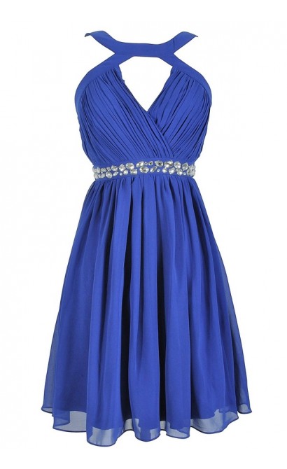 Embellished Pleated Chiffon Designer Dress by Minuet in Royal Blue
